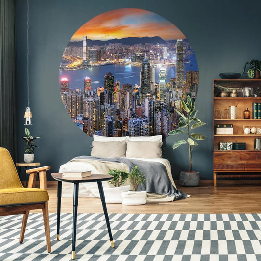 Wallart Tapet Cirkelformad Skyline By Night 190 Cm