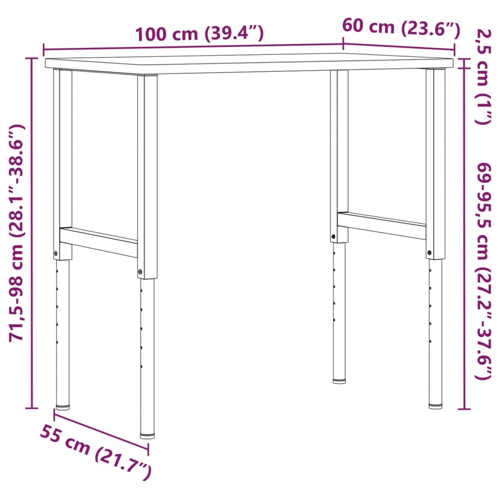 Arbetsbänk Mörkbrun 100X60X(71,5-98) Cm Massiv Ek Rektangulär